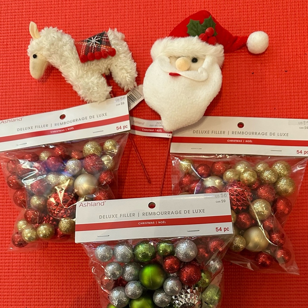 Santa and Llama festive picks and 3 deluxe bauble fillers.,